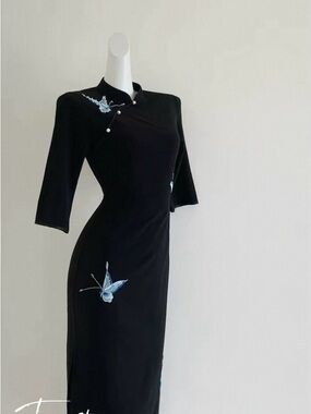 Elegant Black Qipao Dress with Blue Butterfly Embroidery